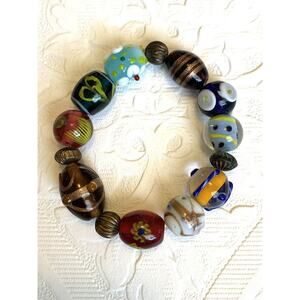 Vintage Art Glass Wedding Cake Beads Stretch Bracelet